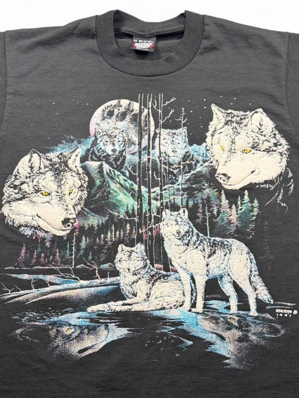 Vintage 1991 Screen Stars Wolf Moon Nature Outdoors Single Stitch Tee Medium